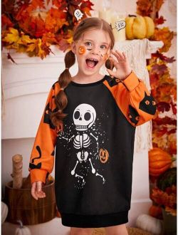 Young Girl 1pc Halloween Print Raglan Sleeve Sweatshirt Dress