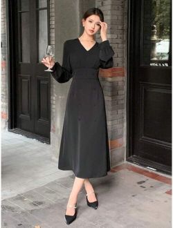 Solid V Neck Lantern Sleeve Dress