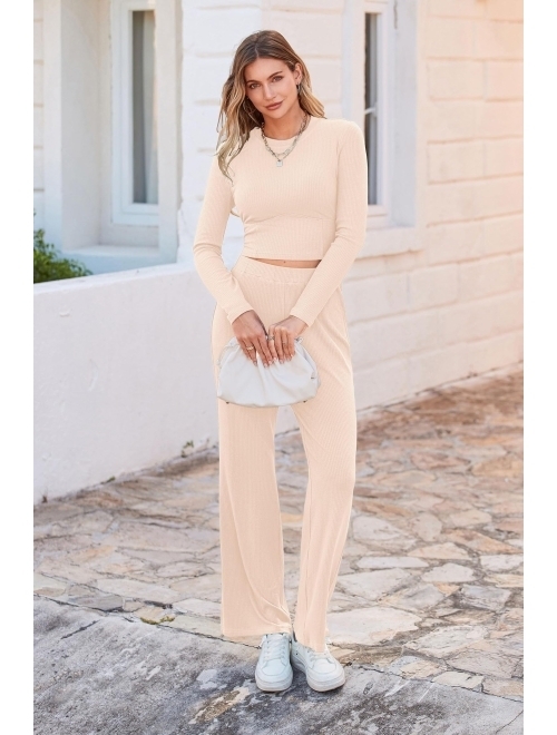 PRETTYGARDEN Women's 2023 Fall Casual 2 Piece Outfits Rib Knit Crop Tops And Long Pants Lounge Sets Tracksuits