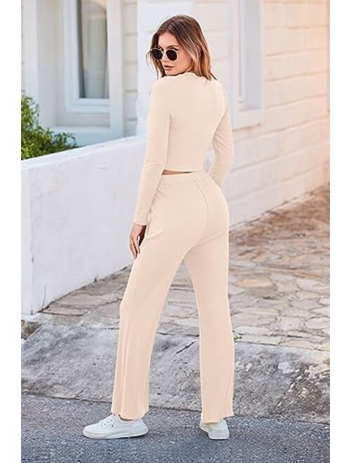 PRETTYGARDEN Women's 2023 Fall Casual 2 Piece Outfits Rib Knit Crop Tops And Long Pants Lounge Sets Tracksuits