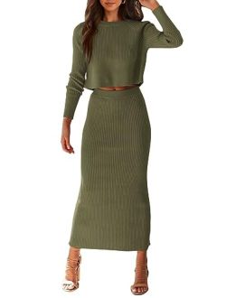 Women's Fall 2 Piece Sweater Set Rib Knit Long Sleeve Crop Top Maxi Bodycon Skirt Casual Outfits Dress