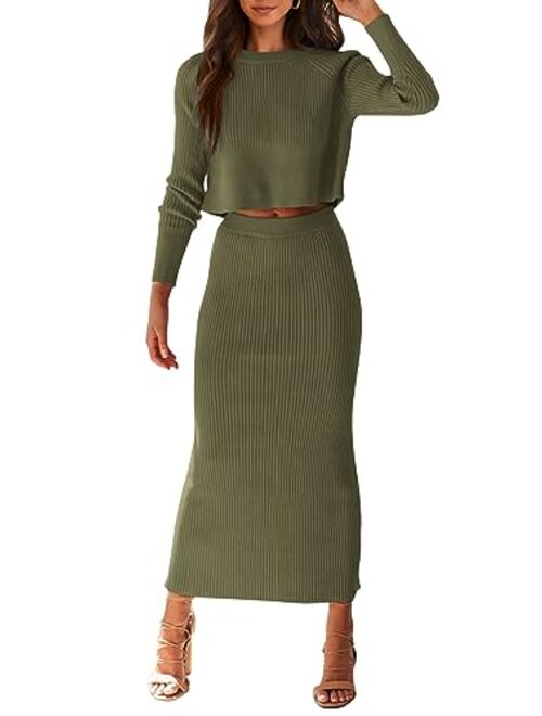 PRETTYGARDEN Women's Fall 2 Piece Sweater Set Rib Knit Long Sleeve Crop Top Maxi Bodycon Skirt Casual Outfits Dress
