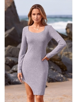 Women's Sexy Mini Bodycon Dresses Long Sleeve Square Neck Thigh Slit Tight Fitted Dress