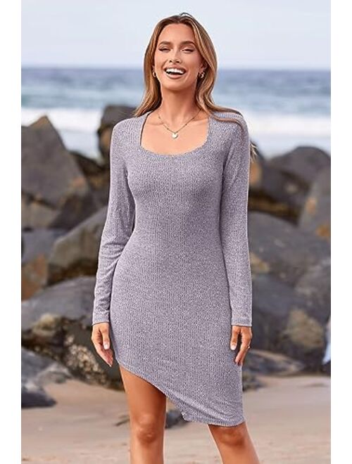 PRETTYGARDEN Women's Sexy Mini Bodycon Dresses Long Sleeve Square Neck Thigh Slit Tight Fitted Dress