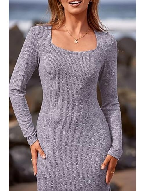 PRETTYGARDEN Women's Sexy Mini Bodycon Dresses Long Sleeve Square Neck Thigh Slit Tight Fitted Dress
