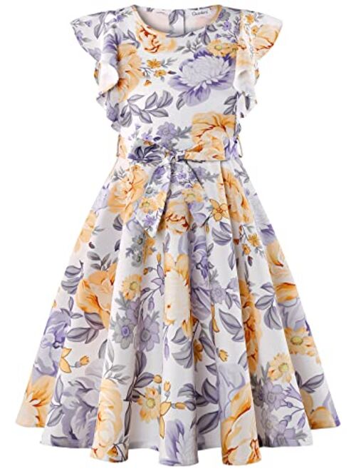 Quedoris Girls Ruffle Trim Dress Print and Solid Color A-line Swing Flared Belted Casual Party Dress with Zipper
