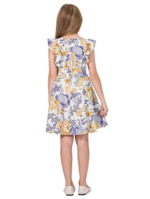 Quedoris Girls Ruffle Trim Dress Print and Solid Color A-line Swing Flared Belted Casual Party Dress with Zipper