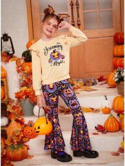 Tween Girl Halloween Print Ruffle Trim Pullover & Flare Leg Pants