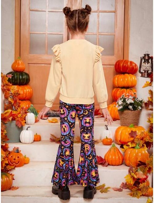 SHEIN Tween Girl Halloween Print Ruffle Trim Pullover & Flare Leg Pants