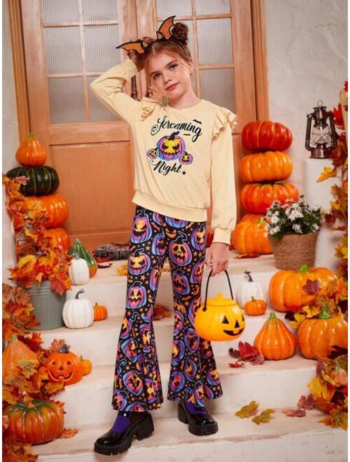 SHEIN Tween Girl Halloween Print Ruffle Trim Pullover & Flare Leg Pants