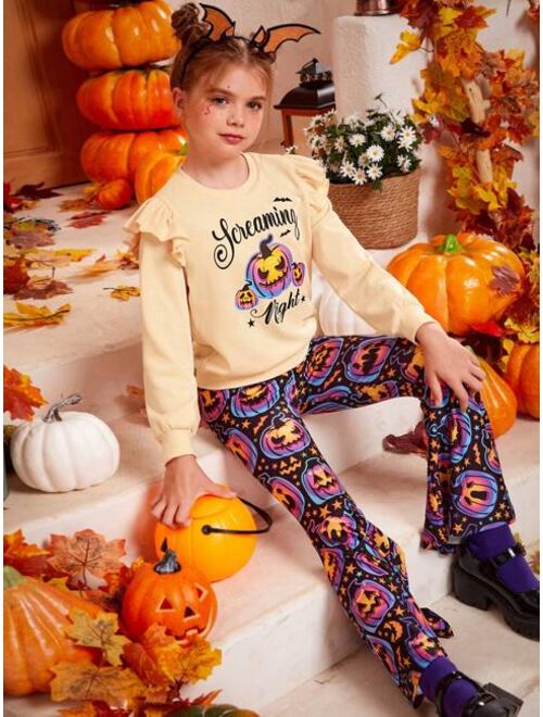 SHEIN Tween Girl Halloween Print Ruffle Trim Pullover & Flare Leg Pants