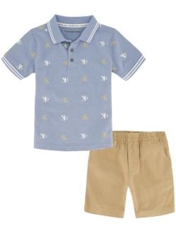 Little Boys Logo Print Jersey Polo Shirt and Twill Shorts, 2 Piece Set