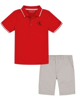 Toddler Boys Tipped Knit Polo Shirt and Twill Shorts, 2 Piece Set