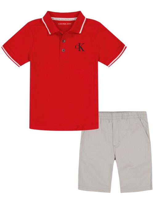 CALVIN KLEIN Toddler Boys Tipped Knit Polo Shirt and Twill Shorts, 2 Piece Set
