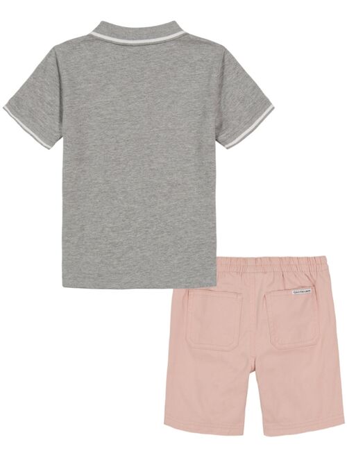 CALVIN KLEIN Little Boys Tipped Heather Polo Shirt and Twill Shorts, 2 Piece Set