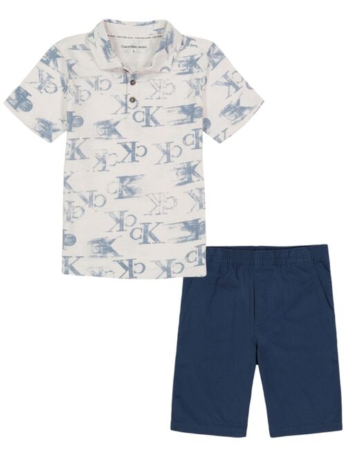 CALVIN KLEIN Little Boys Slub Jersey Monogram Print Polo Shirt and Twill Shorts, 2 Piece Set