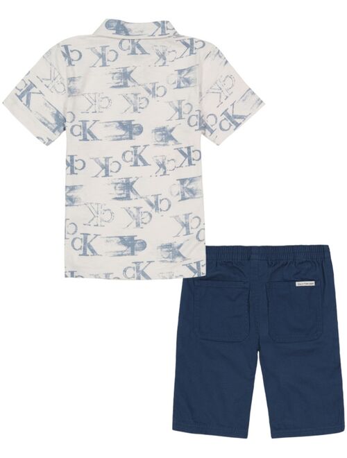 CALVIN KLEIN Little Boys Slub Jersey Monogram Print Polo Shirt and Twill Shorts, 2 Piece Set
