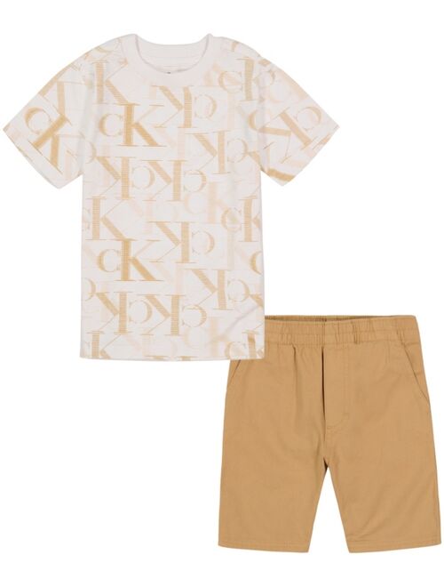 CALVIN KLEIN Toddler Boys Monogram Print T-shirt and Twill Shorts, 2 Piece Set