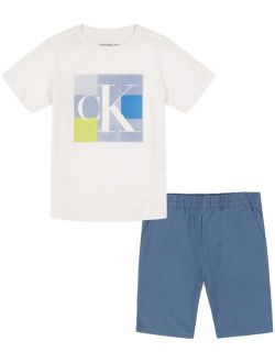 Toddler Boys Metallic Monogram Short Sleeve T-shirt and Twill Shorts, 2 Piece Set
