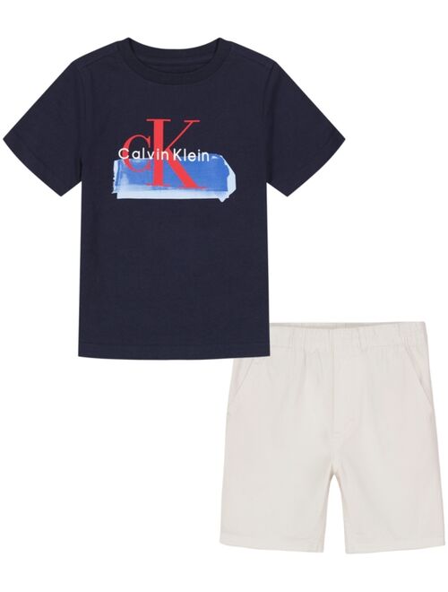 CALVIN KLEIN Little Boys Contrast Logo Short Sleeve T-shirt and Twill Shorts, 2 Piece Set
