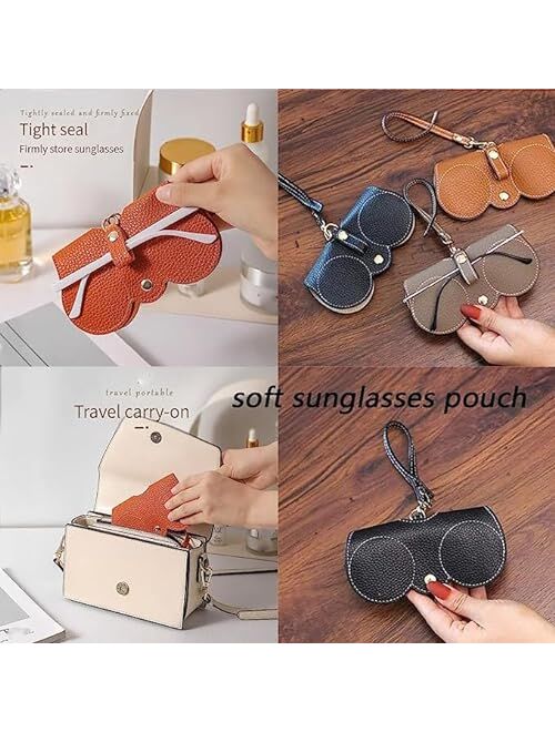 LOVEEK Soft Leather Sunglass Bag, Leather Glasses Case Holder Sunglass Bag, Sunglass Bag With Button Clip Wrist Strap (Brown)