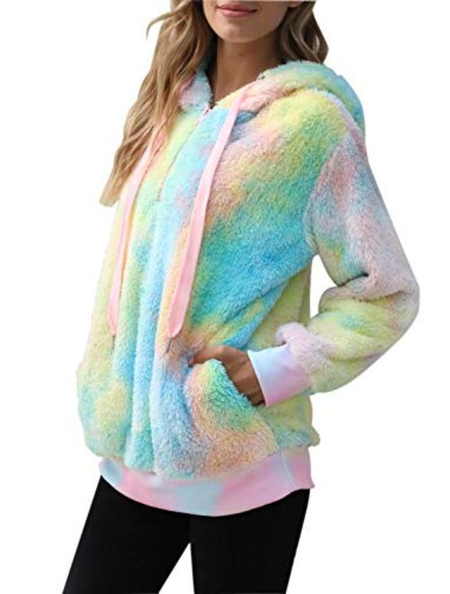 Nirovien Womens Sherpa Pullover Tie Dye Fuzzy Hoodie Double Fleece Sweatshirts Fluffy Oversized Plaid Outerwear