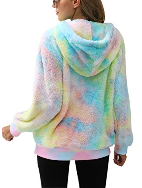 Nirovien Womens Sherpa Pullover Tie Dye Fuzzy Hoodie Double Fleece Sweatshirts Fluffy Oversized Plaid Outerwear