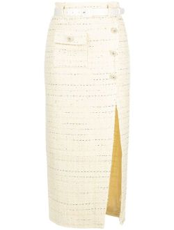 belted boucle midi skirt