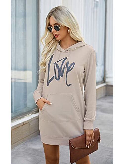 PRETTYGARDEN Women's Hooded Sweatshirt Drawstring Lightweight Long Sleeve Pullover Hoodie Dress