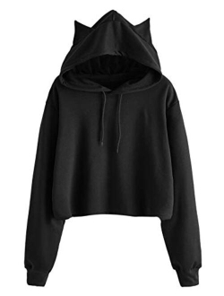 Women's Long Sleeve Hoodie Crop Top Cat Print Sweatshirt