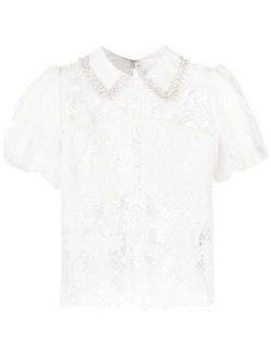 faux-pearl detail guipure-lace blouse