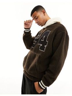 oversized hoodie with front embroidery in brown borg