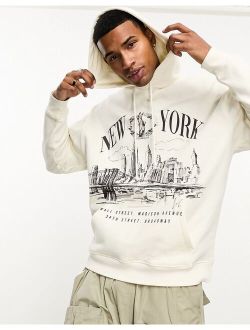 oversized hoodie in off white with New York city skyline print