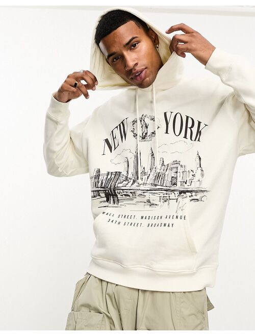 ASOS DESIGN oversized hoodie in off white with New York city skyline print