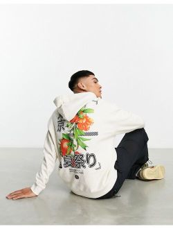oversized hoodie in off white with photographic fruit back and chest print