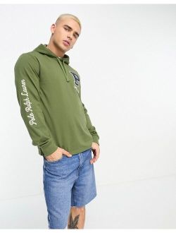 x ASOS exclusive collab long sleeve hooded T-shirt in olive green with logo