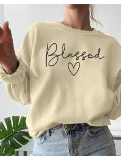 UNIQUEONE Blessed Sweatshirt for Women Letter Print Lightweight Thanksgiving Pullover Tops Blouse