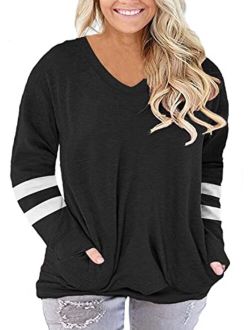 ROSRISS Plus-Size-Tops for Women Long Sleeve Casual Tunics V Neck Pockets Shirts