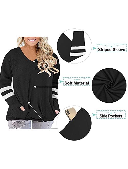 ROSRISS Plus-Size-Tops for Women Long Sleeve Casual Tunics V Neck Pockets Shirts