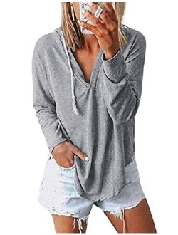 NEKOSI Womens Long Sleeve V Neck Hoodie Sweatshirts Lightweight Pullover Tops