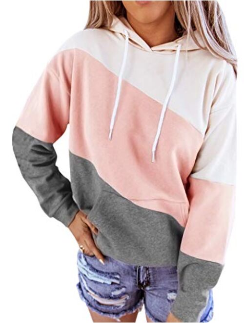 Minclouse Women's Long sleeves Color Block Hoodie Tops Cute Casual Drawstring Loose Lightweight Tunic Pullover