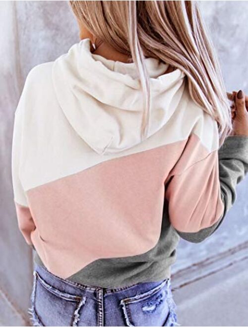 Minclouse Women's Long sleeves Color Block Hoodie Tops Cute Casual Drawstring Loose Lightweight Tunic Pullover