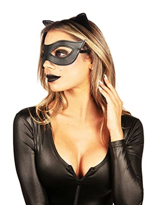 Tipsy Elves Faux Leather Black Halloween Costume Catsuit Bodysuit for Women with Cat Ear Headband