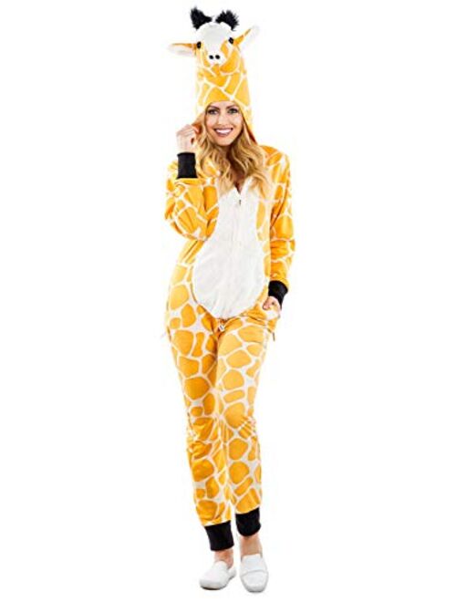 Tipsy Elves Funny Animal Halloween Giraffe Costume Jumpsuit with Stuffed Animal Style Hood for Women