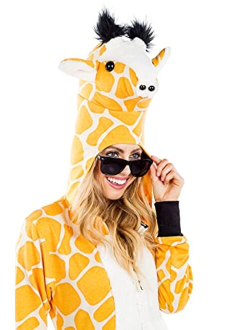 Tipsy Elves Funny Animal Halloween Giraffe Costume Jumpsuit with Stuffed Animal Style Hood for Women