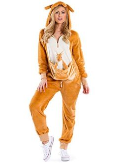 Halloween Womens Kangaroo Costume - Brown Adult Onesie Halloween Costume for Women - Zip Up Hood and Joey Pouch