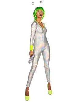 Prismatic Metallic Alien Halloween Costume for Women Long Sleeve Bodysuit with Wig and Alien Antennae Headband
