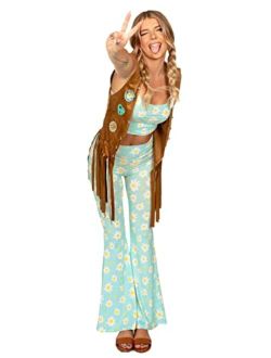 Women's Hippy Halloween Costume Bright Multicolored Blue Floral Top and Bottom With Brown Vest and Sunglasses