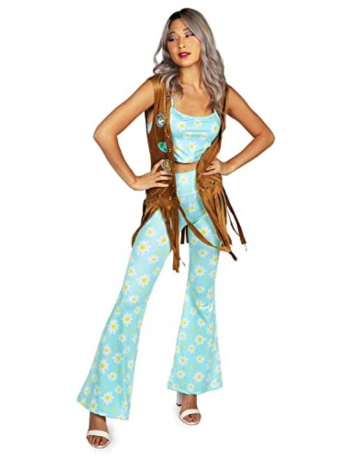 Tipsy Elves Women's Hippy Halloween Costume Bright Multicolored Blue Floral Top and Bottom With Brown Vest and Sunglasses