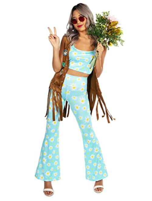 Tipsy Elves Women's Hippy Halloween Costume Bright Multicolored Blue Floral Top and Bottom With Brown Vest and Sunglasses